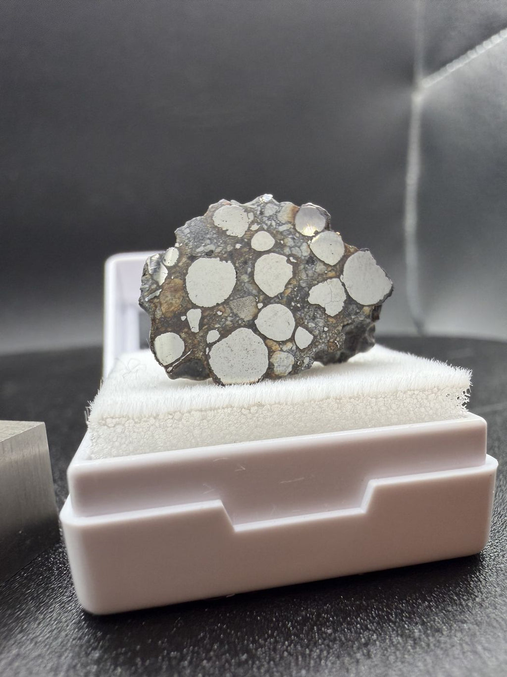 Denader 004 CB carbonaceous chondrite endcut with metal nodules beside a scale cube