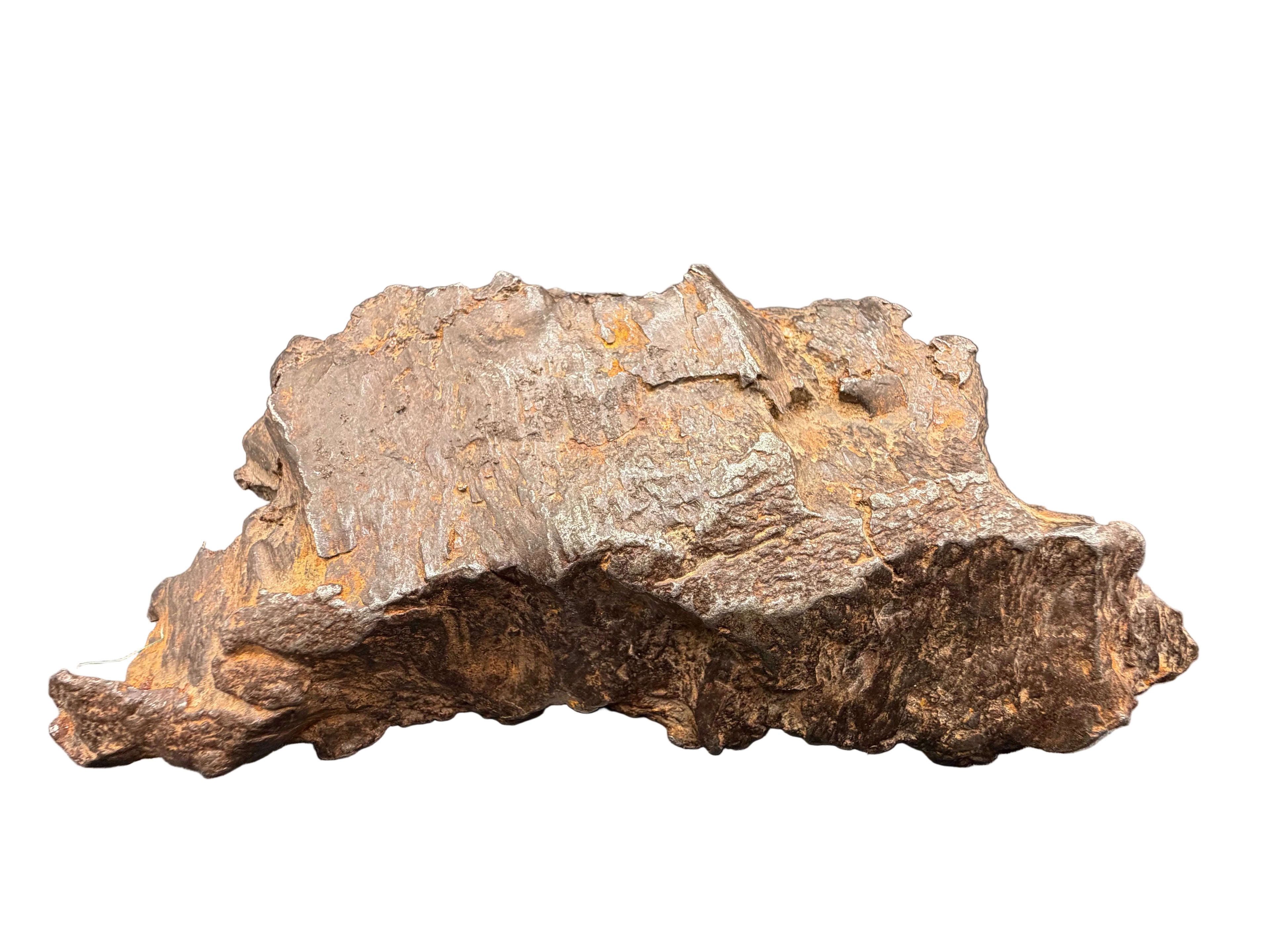 Gebel Kamil 1414g iron meteorite, front face showing shear lines and lizard skin texture