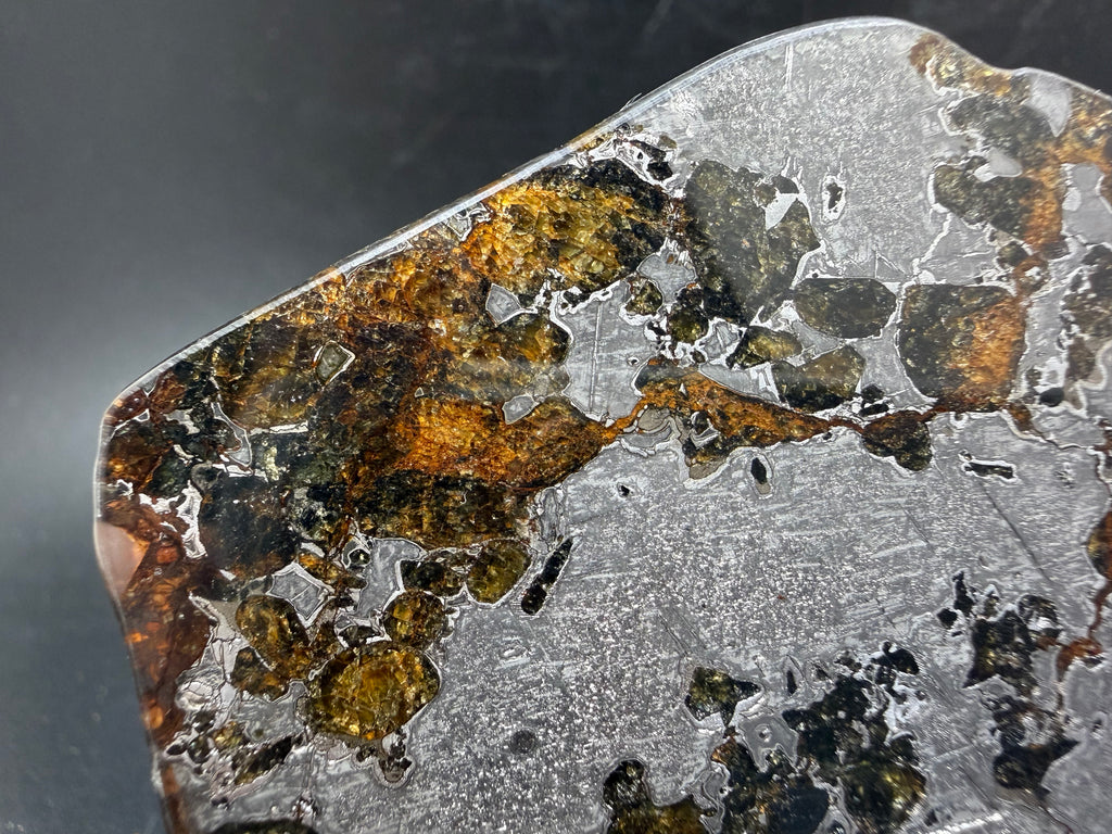 Macro view of Gyarub Zangbo pallasite slice showing large amber olivine cluster with green tones in polished iron-nickel matrix, 54.18g