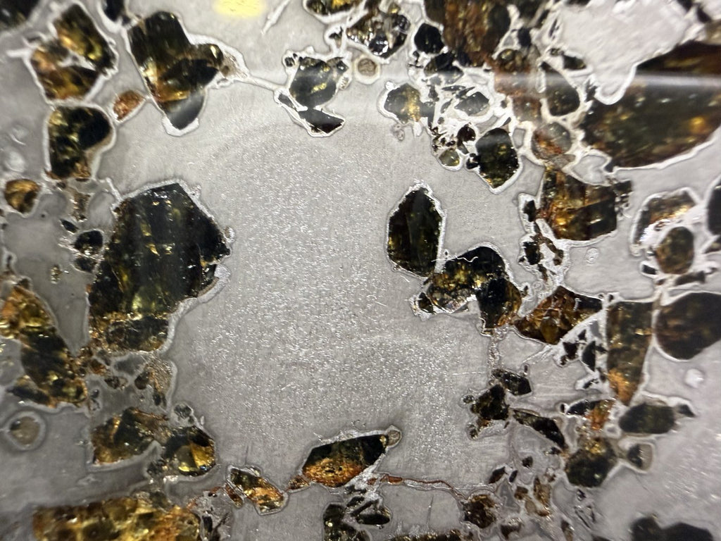Gyarub Zangbo ungrouped pallasite, 226.95g, macro of densely packed olivine crystals in mirrored iron-nickel matrix