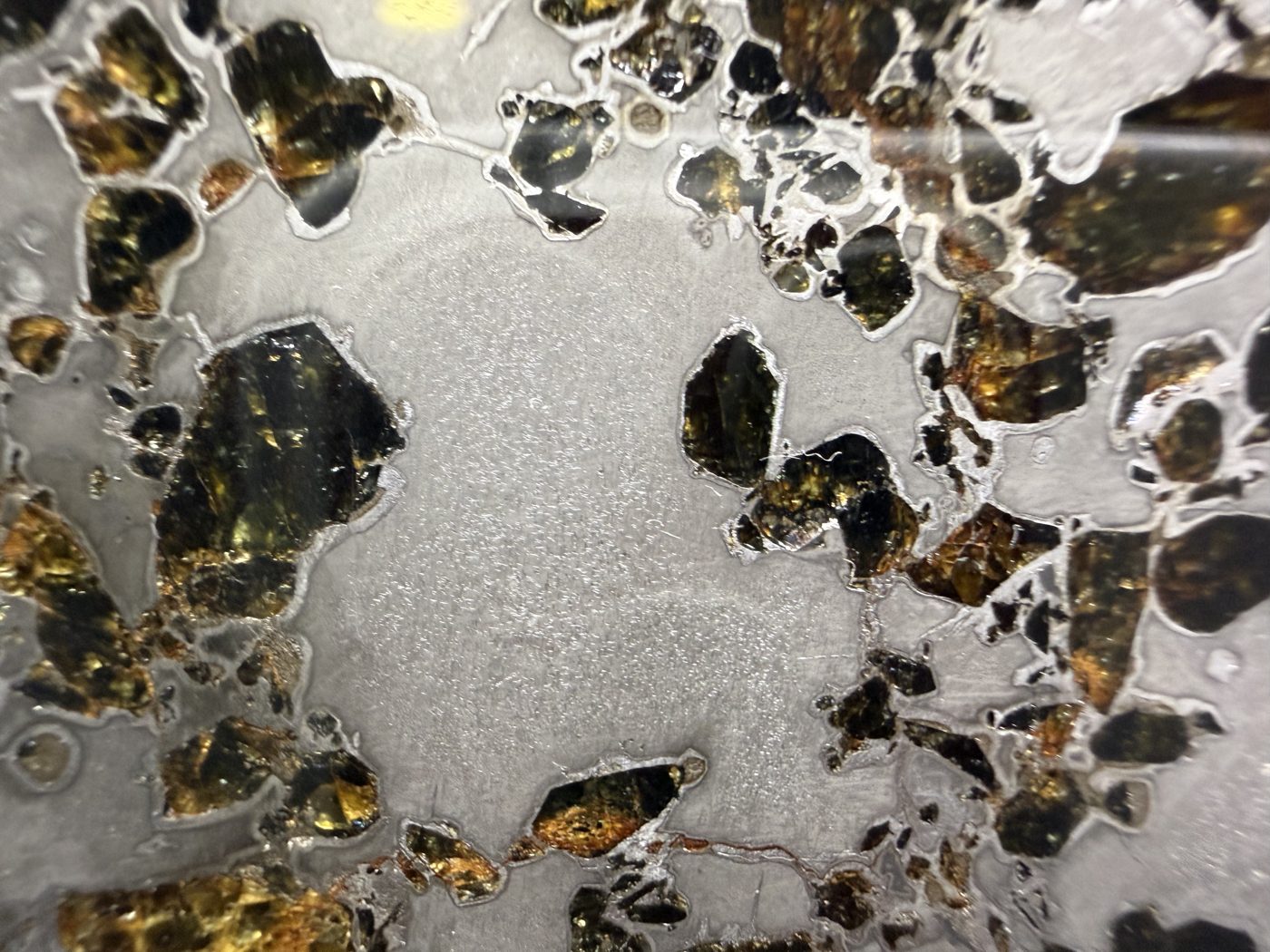 Gyarub Zangbo ungrouped pallasite, 226.95g, macro of densely packed olivine crystals in mirrored iron-nickel matrix