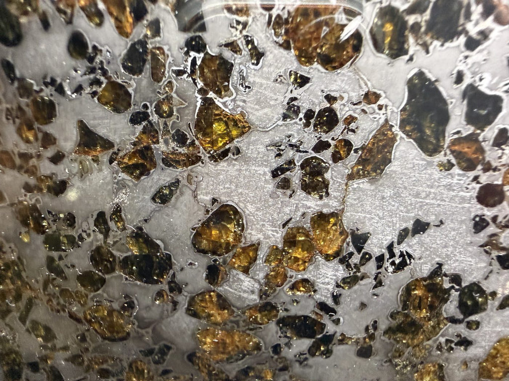 Gyarub Zangbo ungrouped pallasite, 226.95g, macro detail of amber and gold olivine crystals in iron-nickel matrix