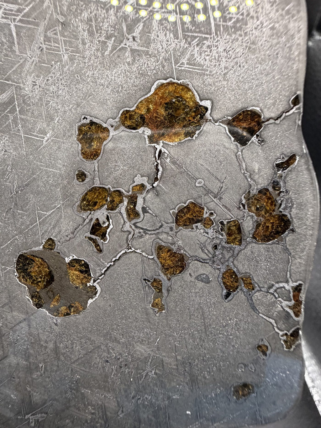 Macro view of Gyarub Zangbo pallasite showing a cluster of olivine crystals set in etched iron-nickel metal, 301.28g