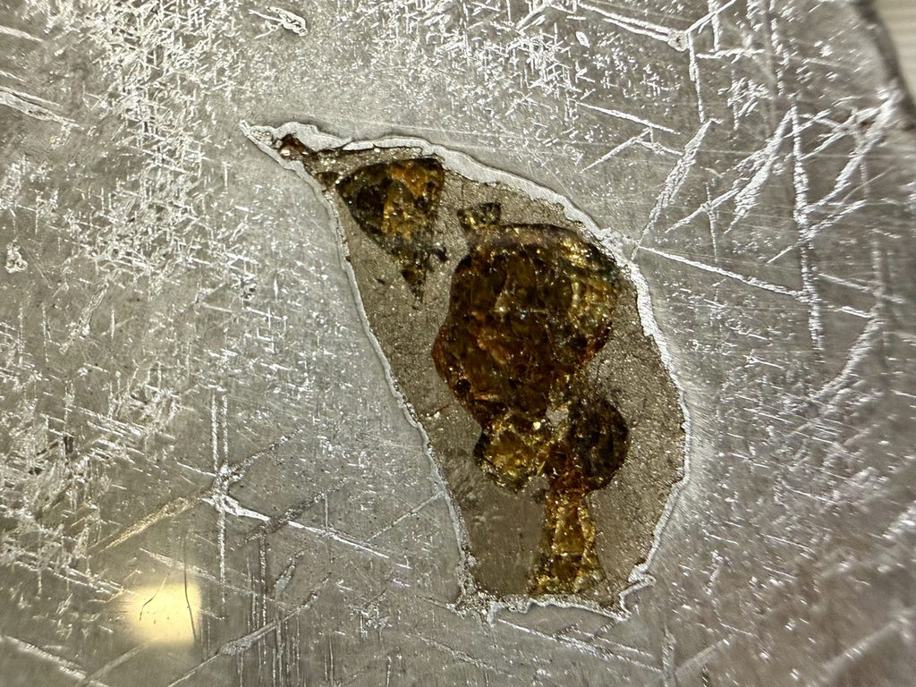 Macro view of Gyarub Zangbo pallasite showing a single olivine crystal surrounded by iron-nickel metal, 301.28g