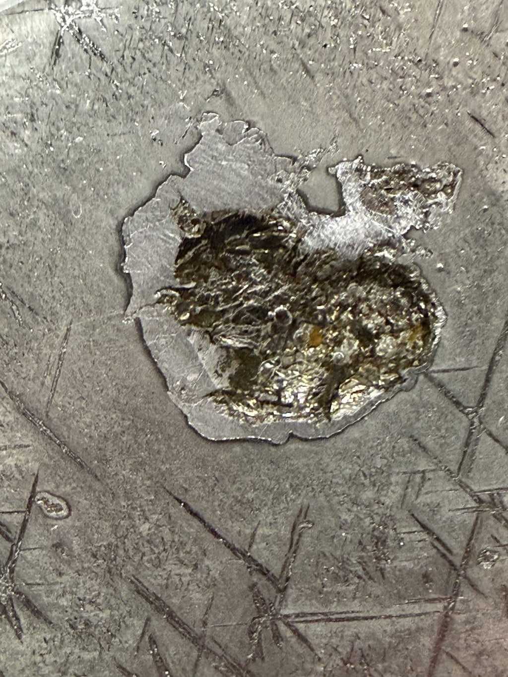 Macro view of a dark inclusion set in etched metal, Gyarub Zangbo pallasite, 324.46g