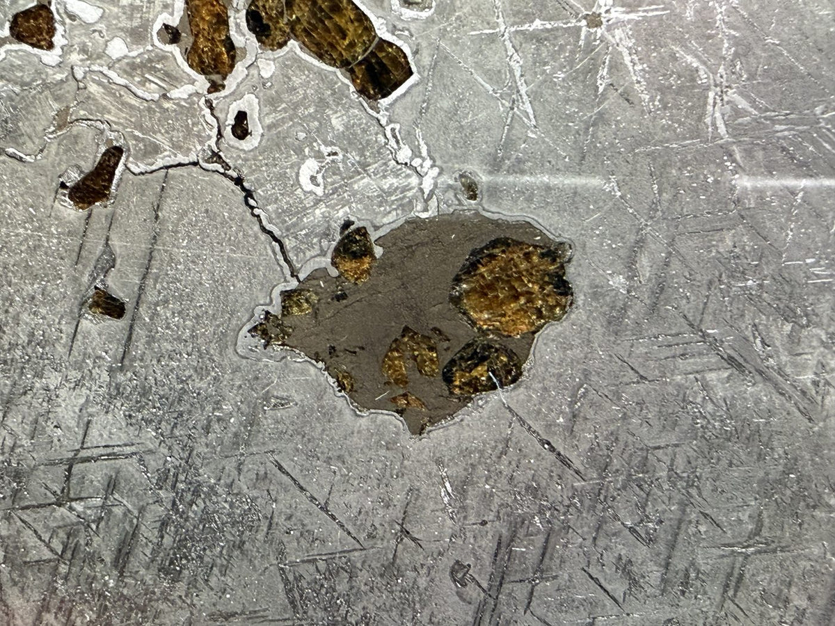 Macro view of a grey-toned pocket with olivine and fine fractures, Gyarub Zangbo pallasite, 324.46g