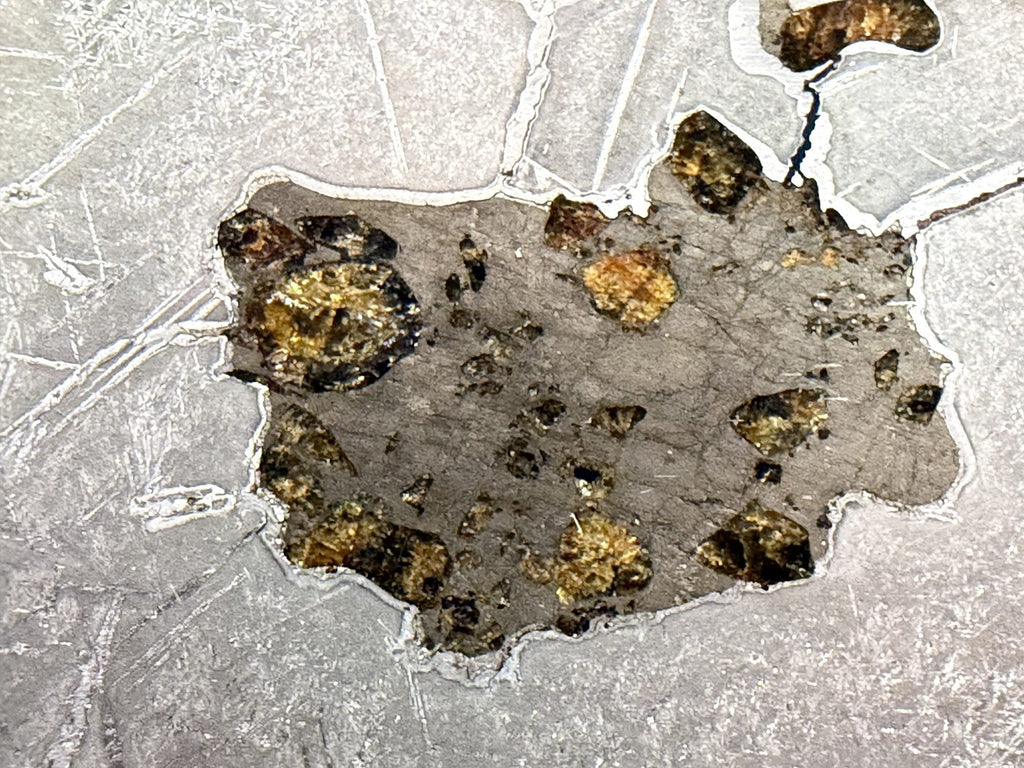Macro view of olivine grains within a grey-toned pocket bordered by etched metal, Gyarub Zangbo pallasite, 324.46g