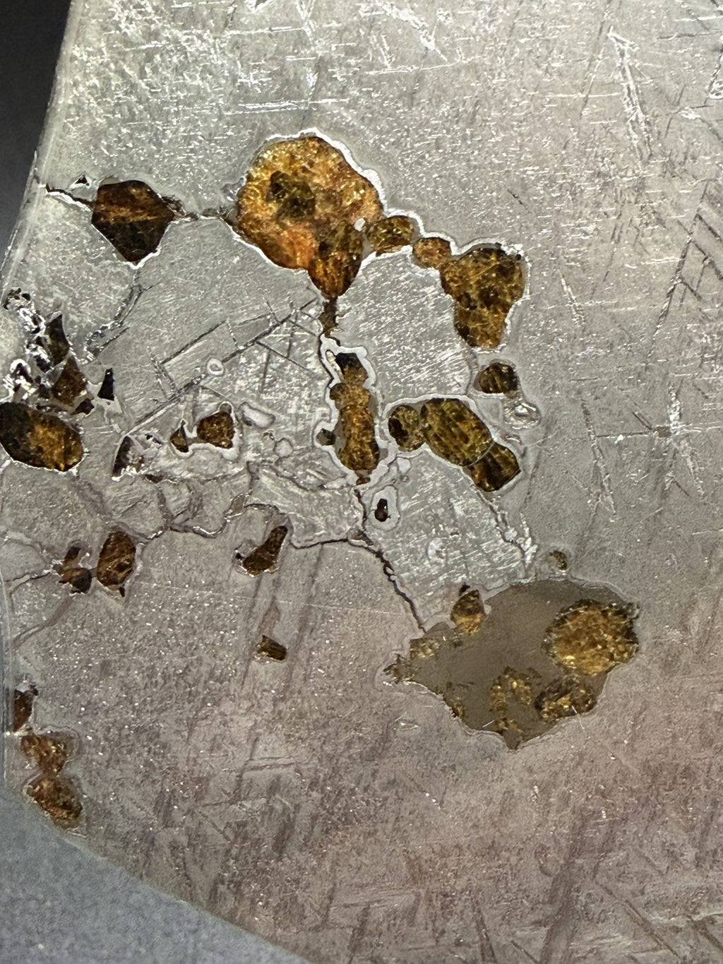 Macro view of olivine and a grey-toned pocket near the edge of Gyarub Zangbo pallasite slice, 324.46g