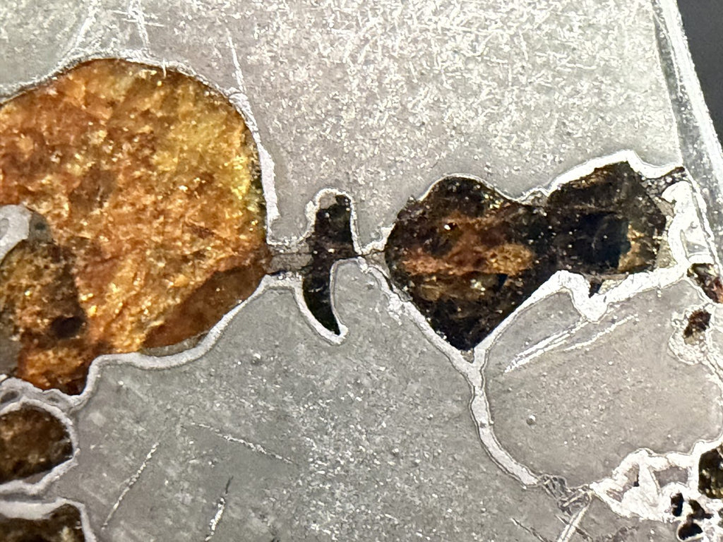 Macro view of translucent amber olivine crystals in etched metal, Gyarub Zangbo pallasite, 324.46g