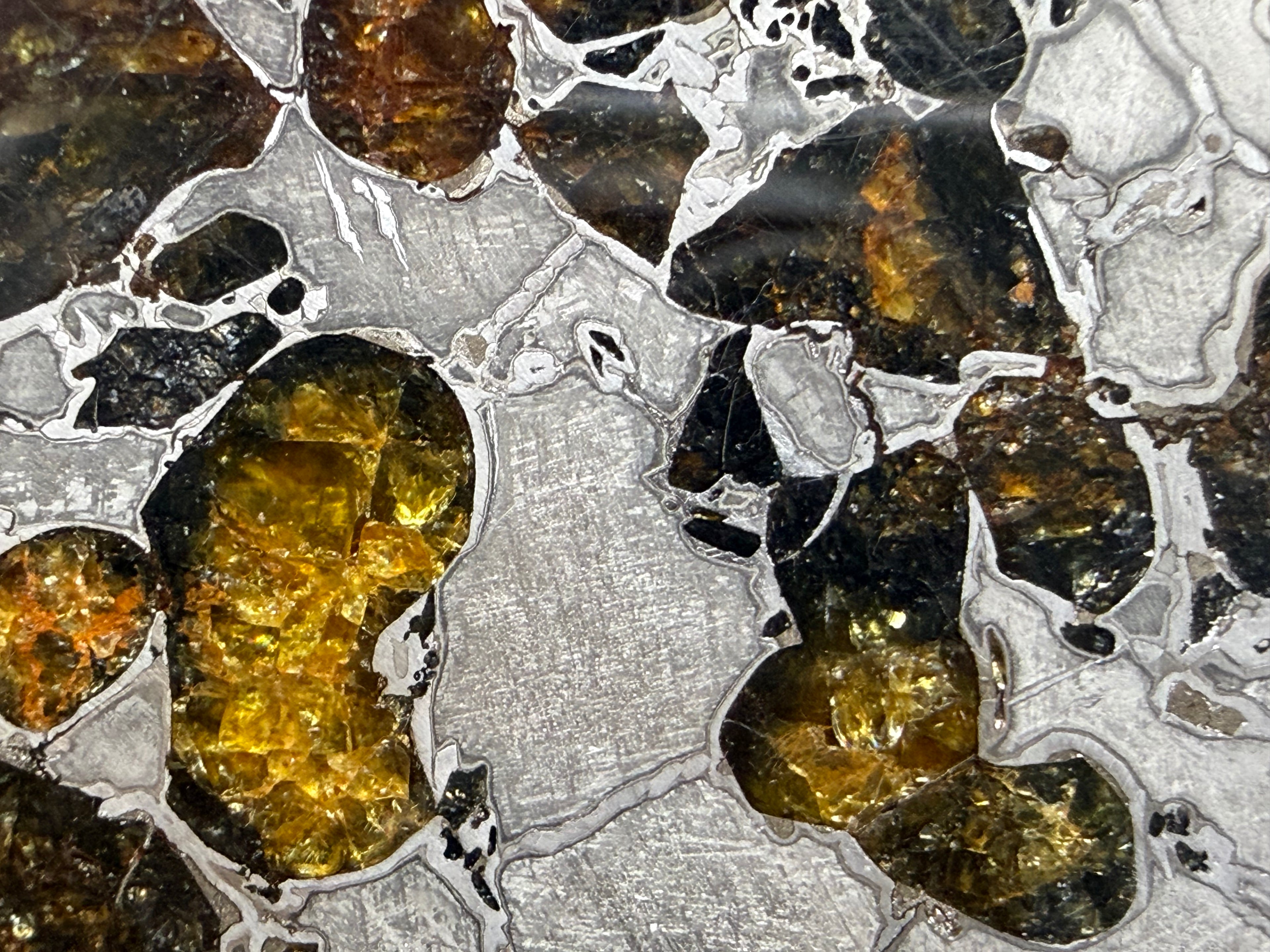 Gyarub Zangbo pallasite macro detail showing yellow-green and amber olivine crystals with Widmanstatten-patterned iron-nickel matrix