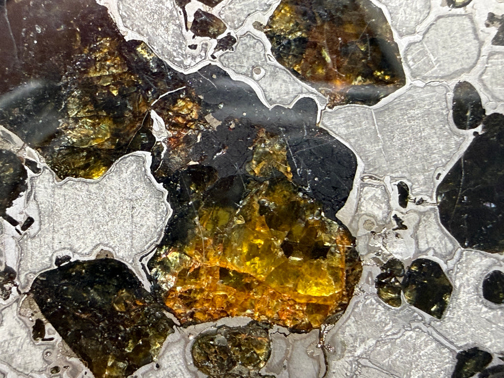 Gyarub Zangbo pallasite macro detail showing large fractured amber olivine crystal surrounded by polished iron-nickel matrix