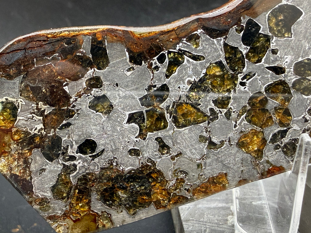 Gyarub Zangbo pallasite meteorite -- close-up of amber and green olivine crystal cluster in iron-nickel matrix