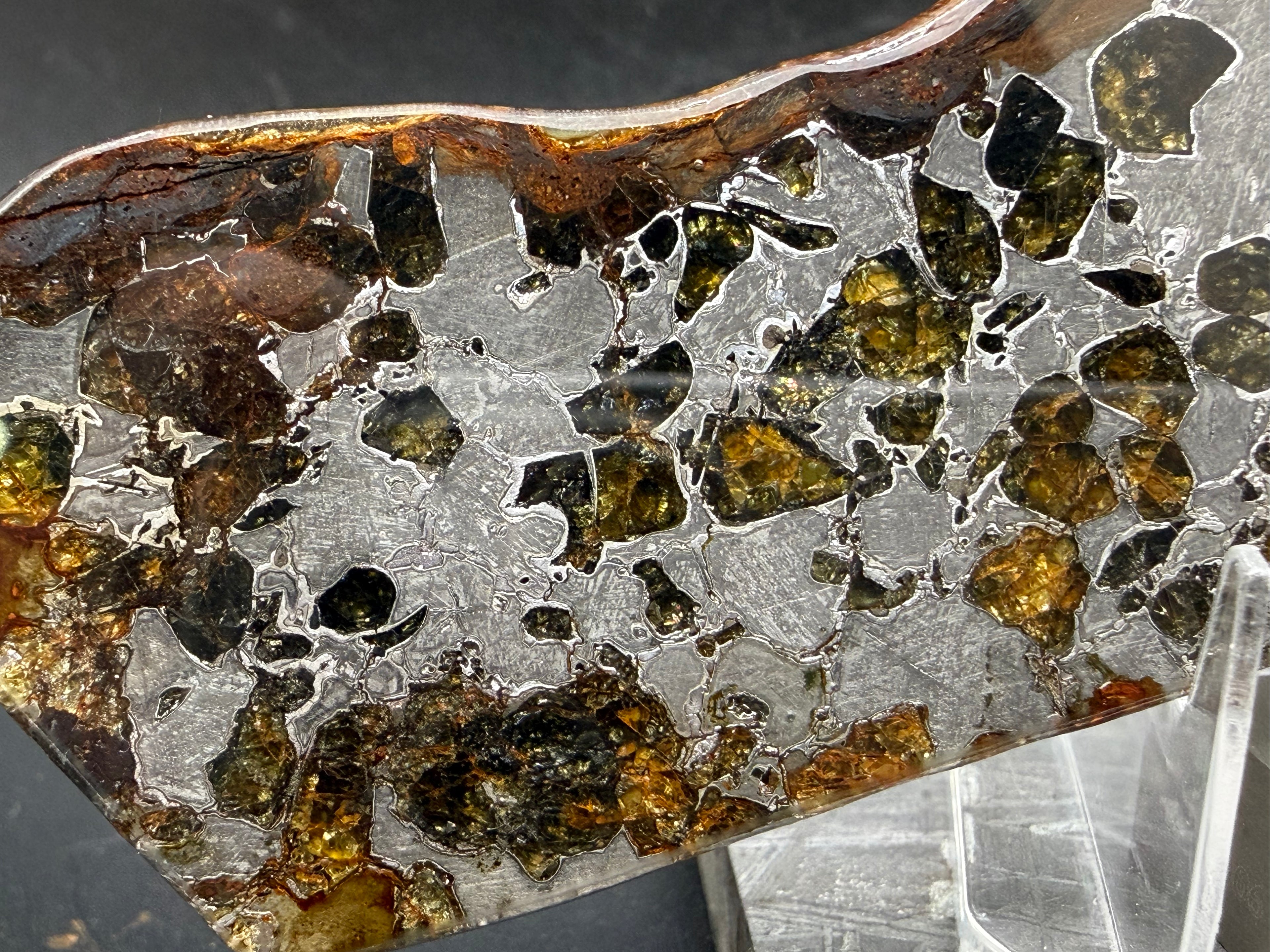 Gyarub Zangbo pallasite meteorite -- close-up of amber and green olivine crystal cluster in iron-nickel matrix