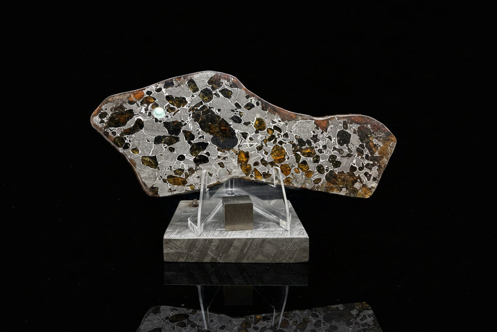 Gyarub Zangbo anomalous pallasite meteorite slice 48.14g on acrylic stand -- olivine crystals in iron-nickel matrix, Tibet, Treasure Coast Meteorite Co.