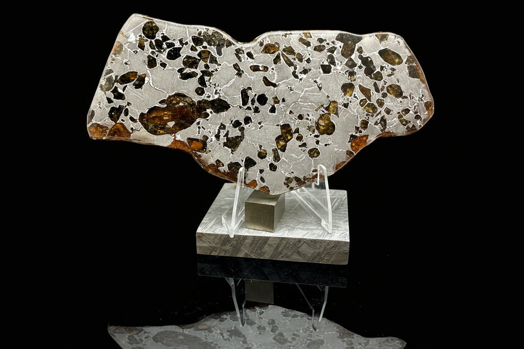 Gyarub Zangbo ungrouped pallasite meteorite slice 64.00g on acrylic stand -- olivine crystals in iron-nickel matrix, Treasure Coast Meteorite Co.