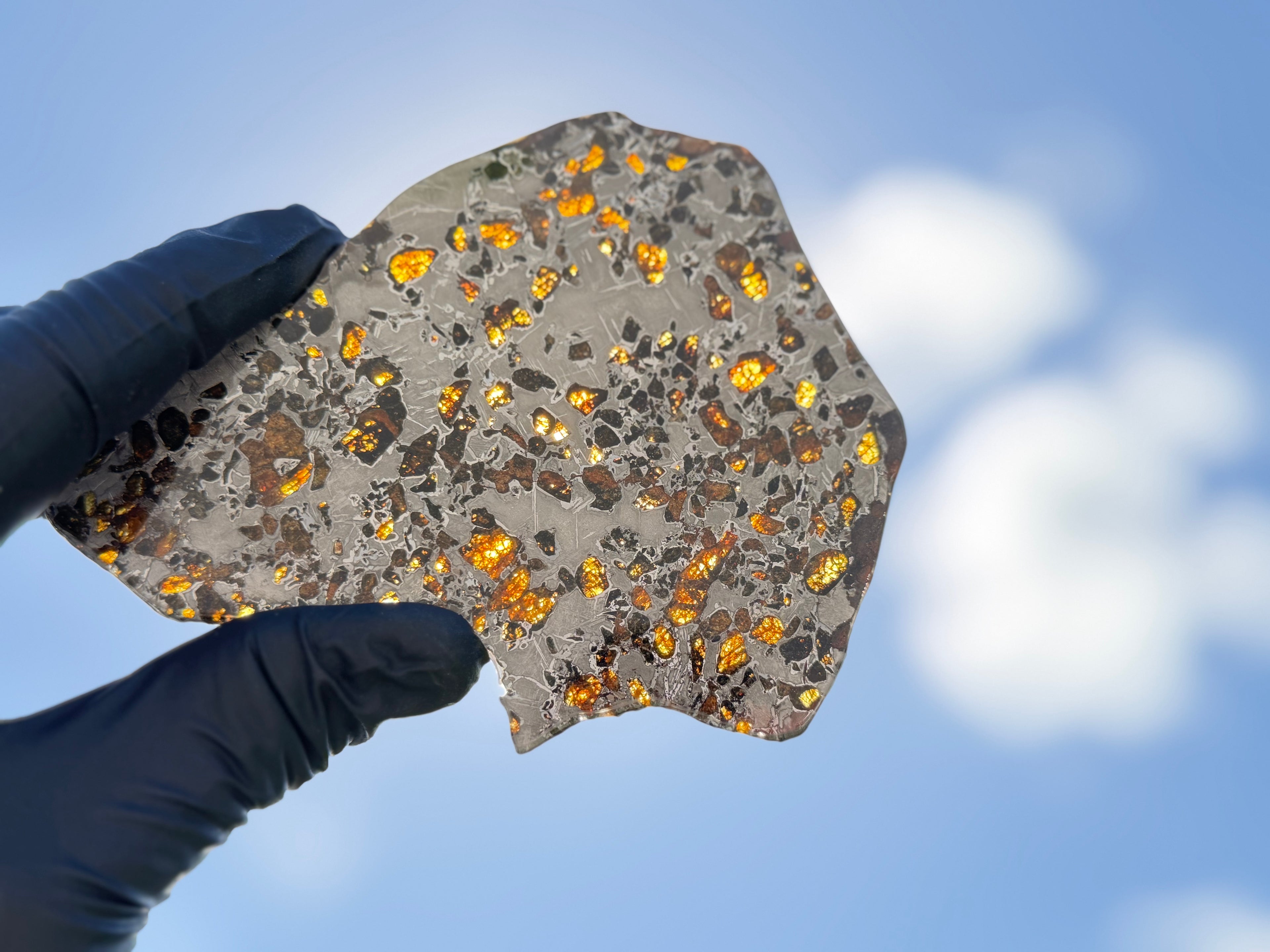 Backlit hand-held view, Gyarub Zangbo Pallasite, translucent olivine lit by daylight against blue sky, 74.92g