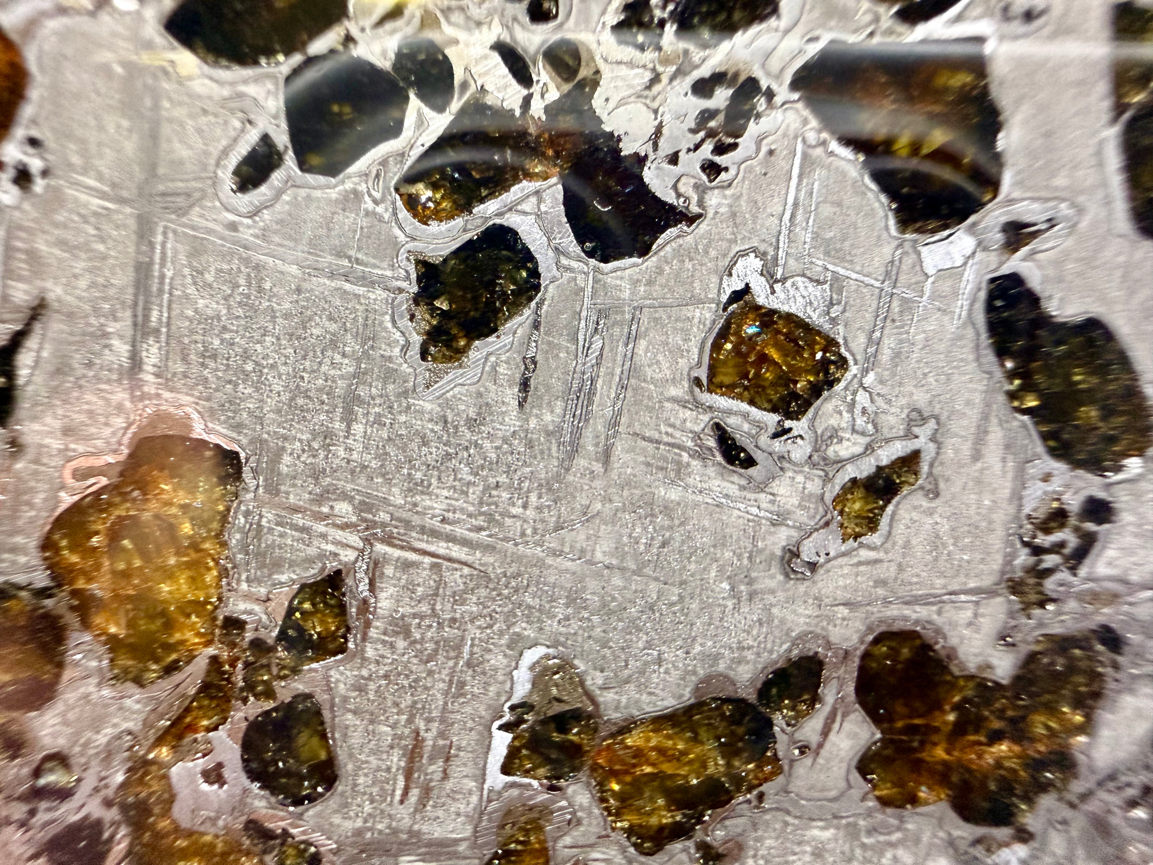 Macro detail, Gyarub Zangbo Pallasite, etched Widmanstatten pattern in kamacite metal beside olivine crystals, 74.92g