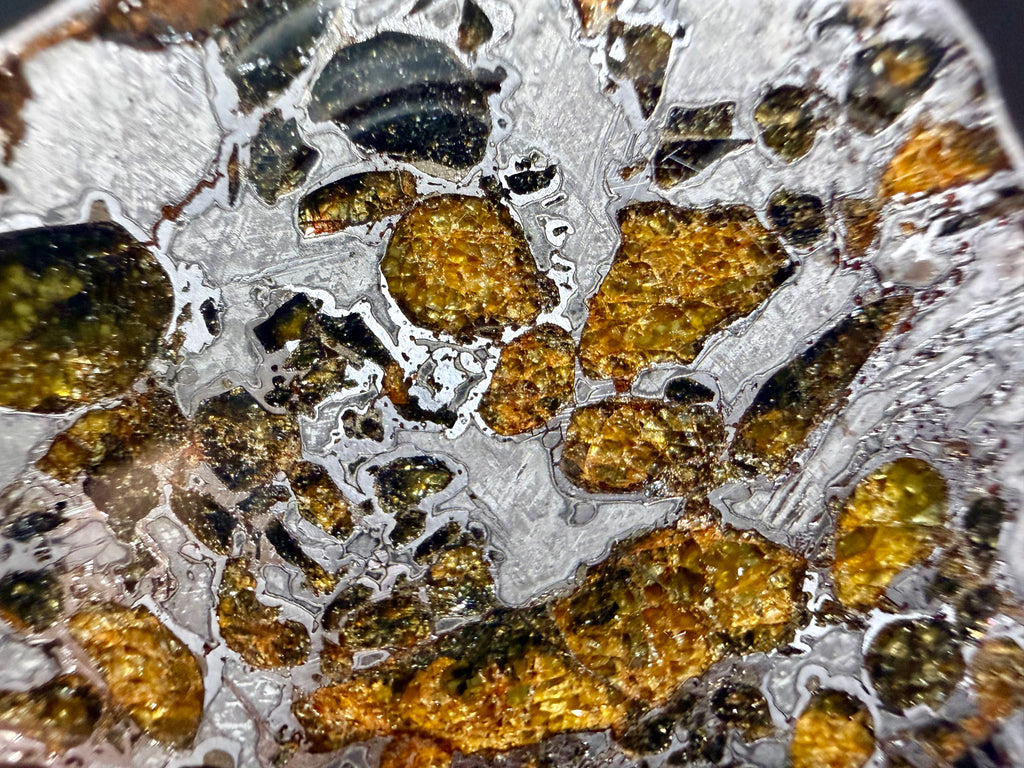 Macro cluster, Gyarub Zangbo Pallasite, densely packed amber and olive olivine crystals in iron-nickel matrix, 74.92g