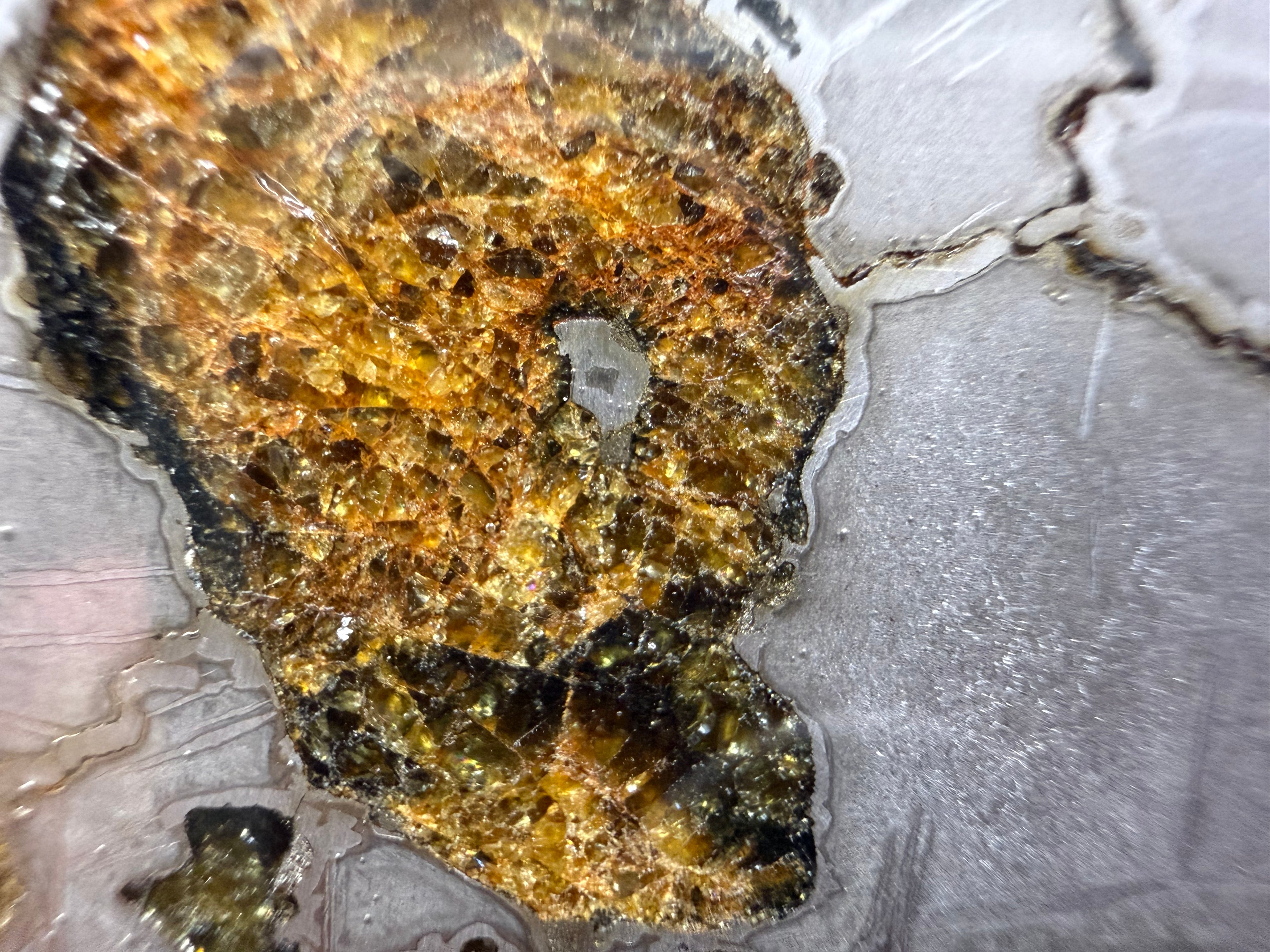 Macro detail, Gyarub Zangbo Ungrouped Pallasite, weathered olivine crystal with terrestrial oxidation alongside polished iron-nickel metal, 76.62g