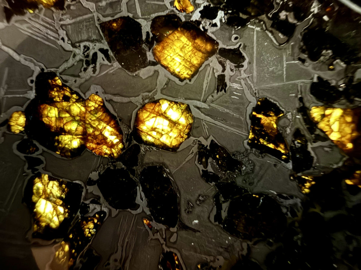 Macro of translucent amber olivine crystals set in etched metal, Gyarub Zangbo pallasite slice, 84.69g