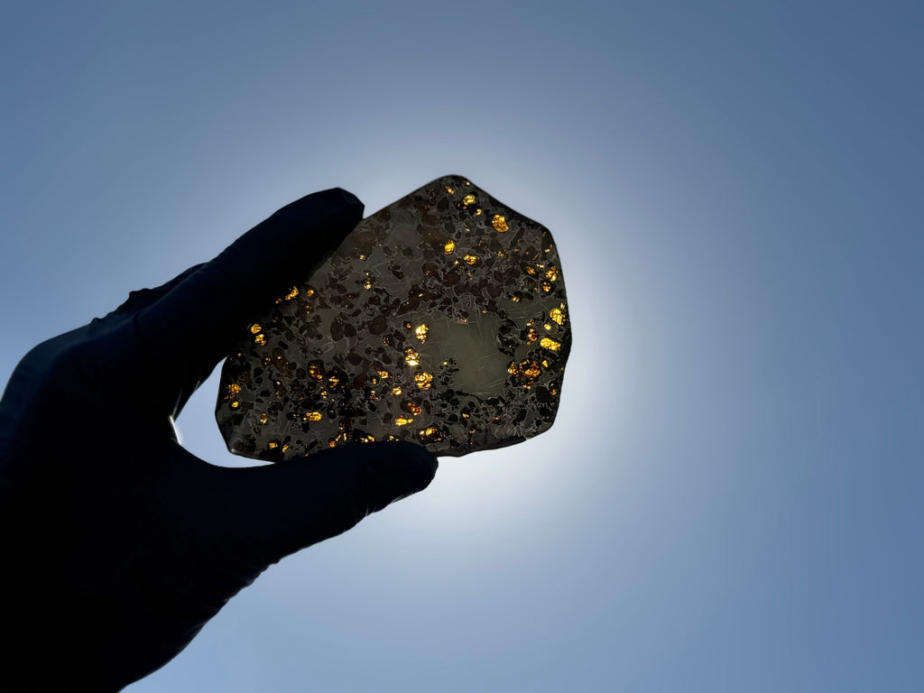 Backlit view, Gyarub Zangbo Pallasite, translucent olivine crystals glowing amber against the sun, 86.11g