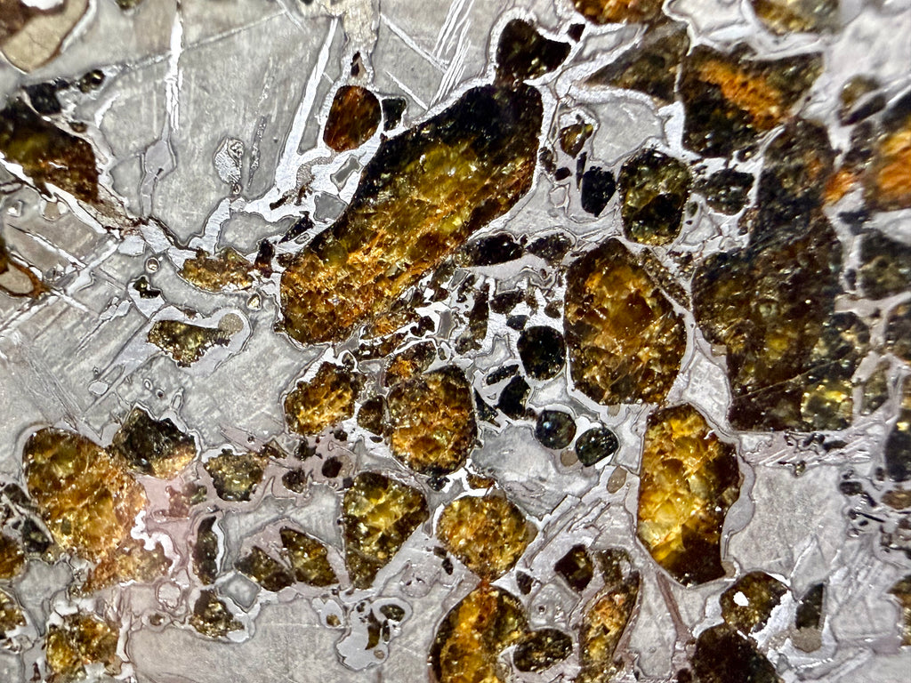 Macro cluster, Gyarub Zangbo Pallasite, densely packed amber olivine crystals surrounded by polished iron-nickel metal, 86.11g