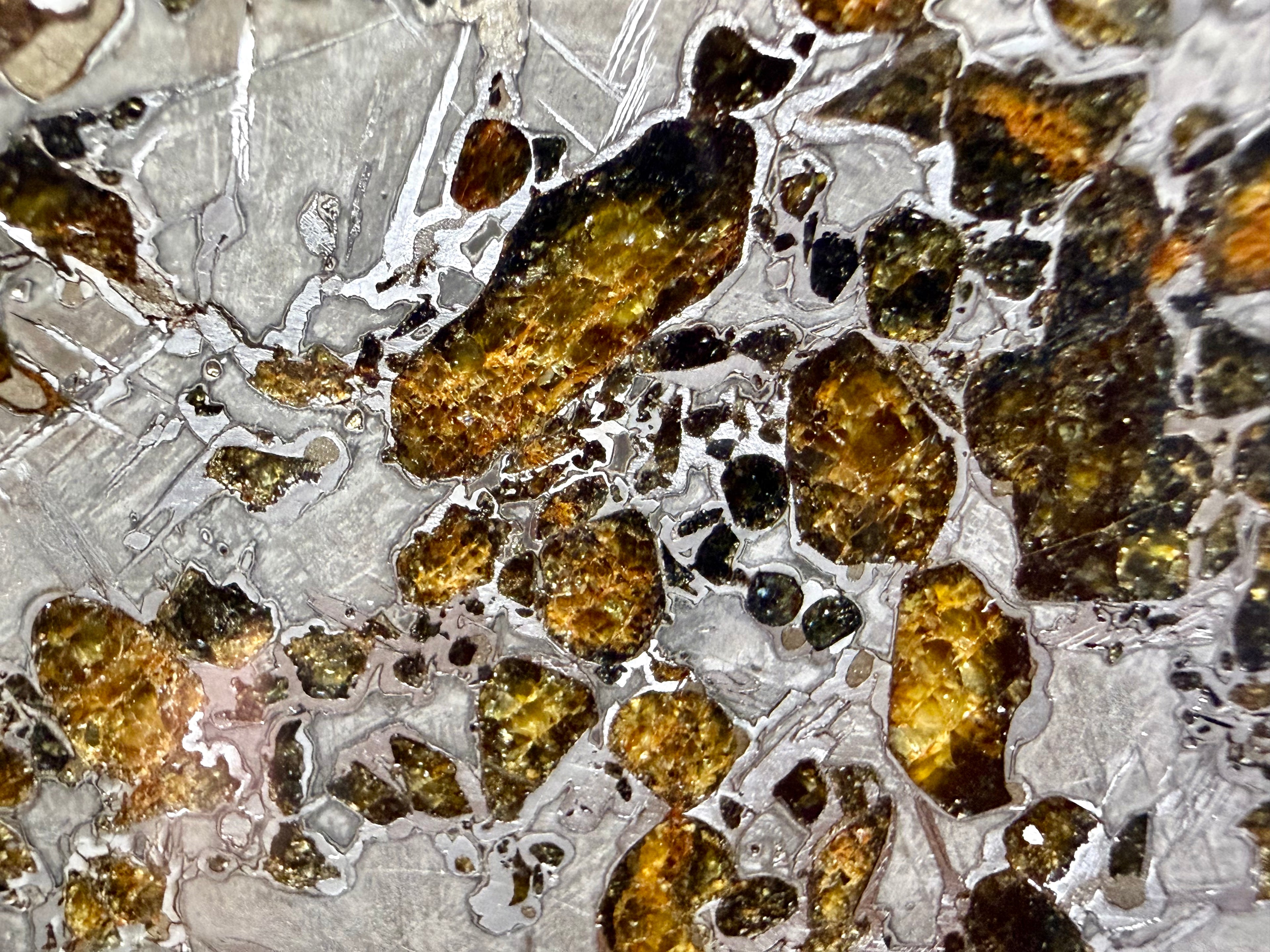 Macro cluster, Gyarub Zangbo Pallasite, densely packed amber olivine crystals surrounded by polished iron-nickel metal, 86.11g