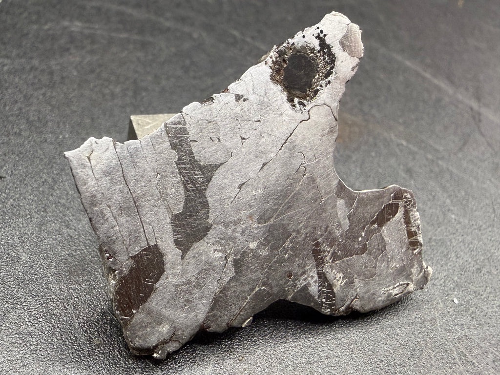 Kaalijarv iron meteorite, IAB-MG, 12.82 g slice standing upright, etched face with darker zones crossed by Neumann bands and the dark nodule near the top