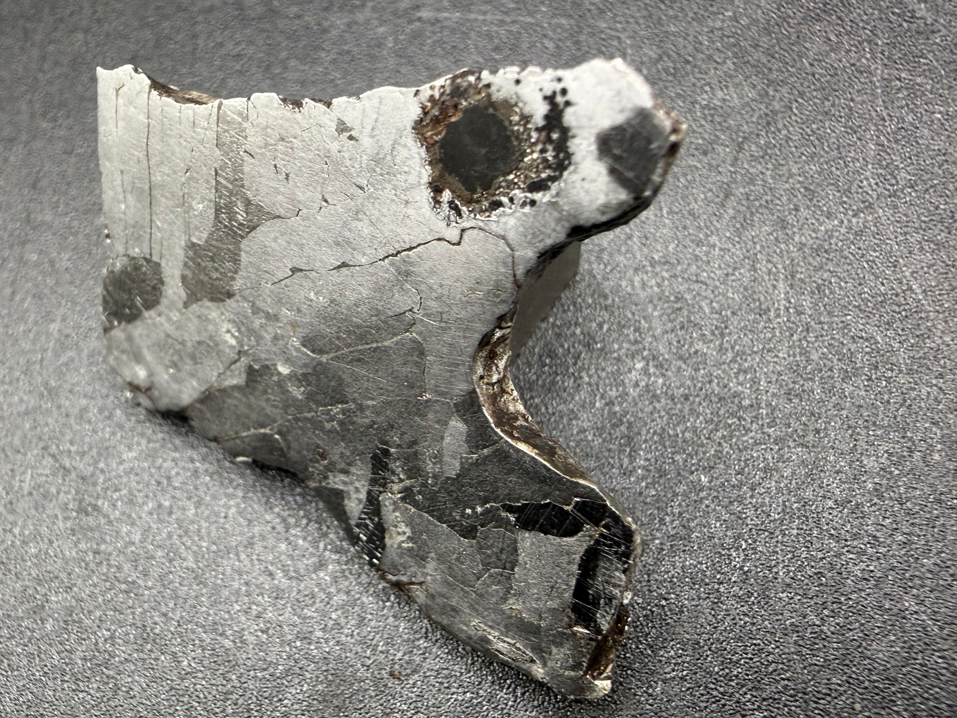 Kaalijarv iron meteorite, IAB-MG, 12.82 g slice lying at an angle, etched face with the dark nodule near the top edge and a second smaller dark area at the tip
