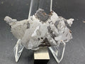 Kaalijarv iron meteorite, IAB-MG, 12.83 g slice standing upright, full etched face with crossing kamacite plates, darker zones with Neumann bands, and a large dark nodule at the top edge
