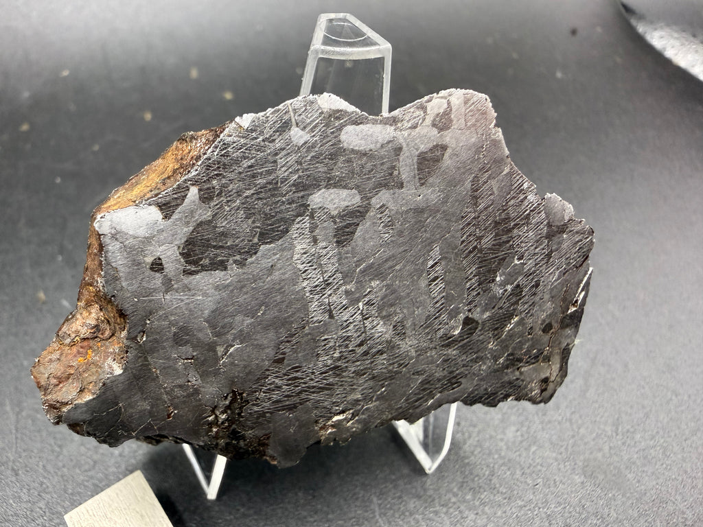 Kaalijarv iron meteorite, IAB-MG, 127.37 g end cut standing upright, etched cut face seen at an angle with the brown weathered exterior along the left edge