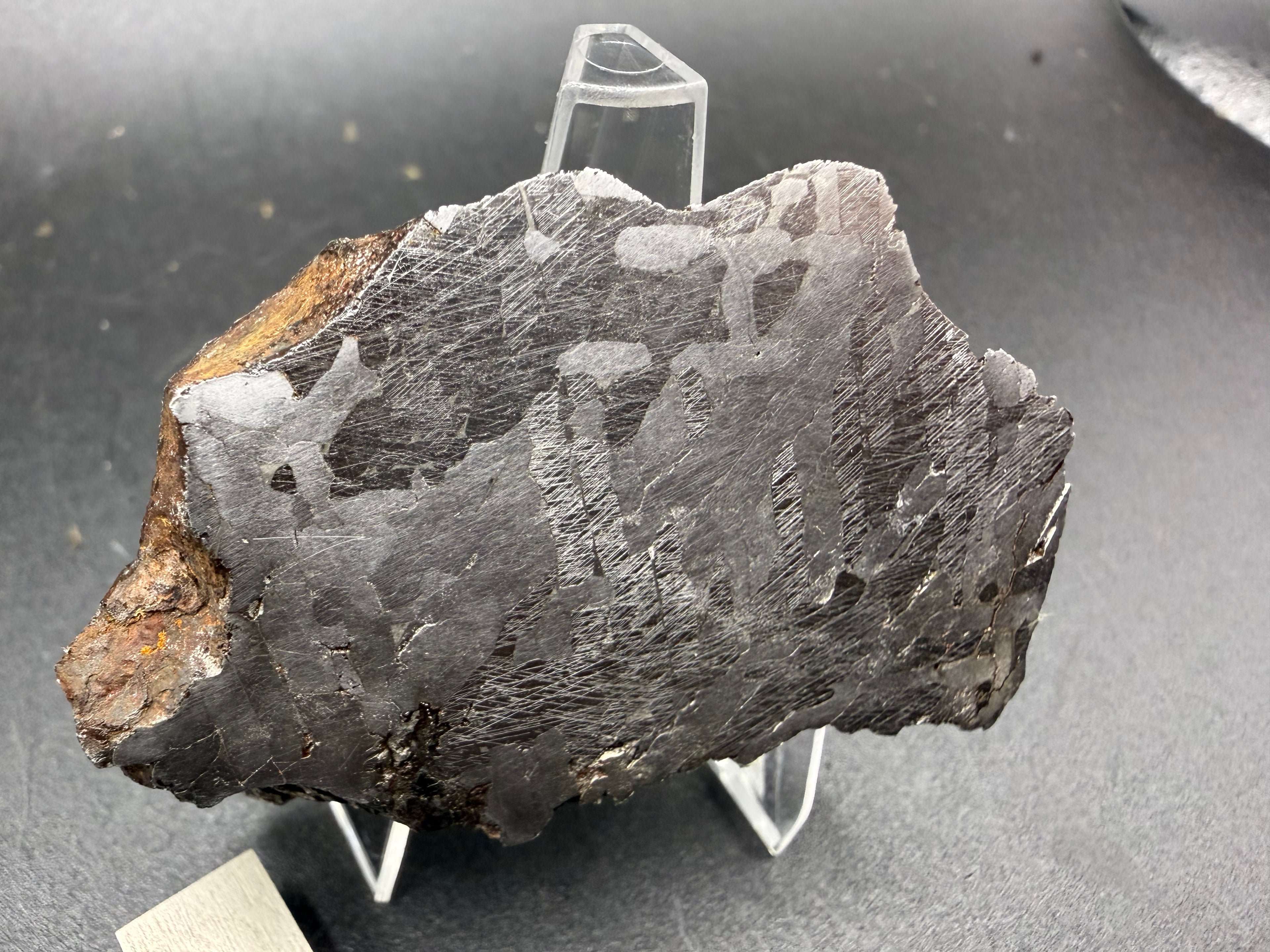 Kaalijarv iron meteorite, IAB-MG, 127.37 g end cut standing upright, etched cut face seen at an angle with the brown weathered exterior along the left edge