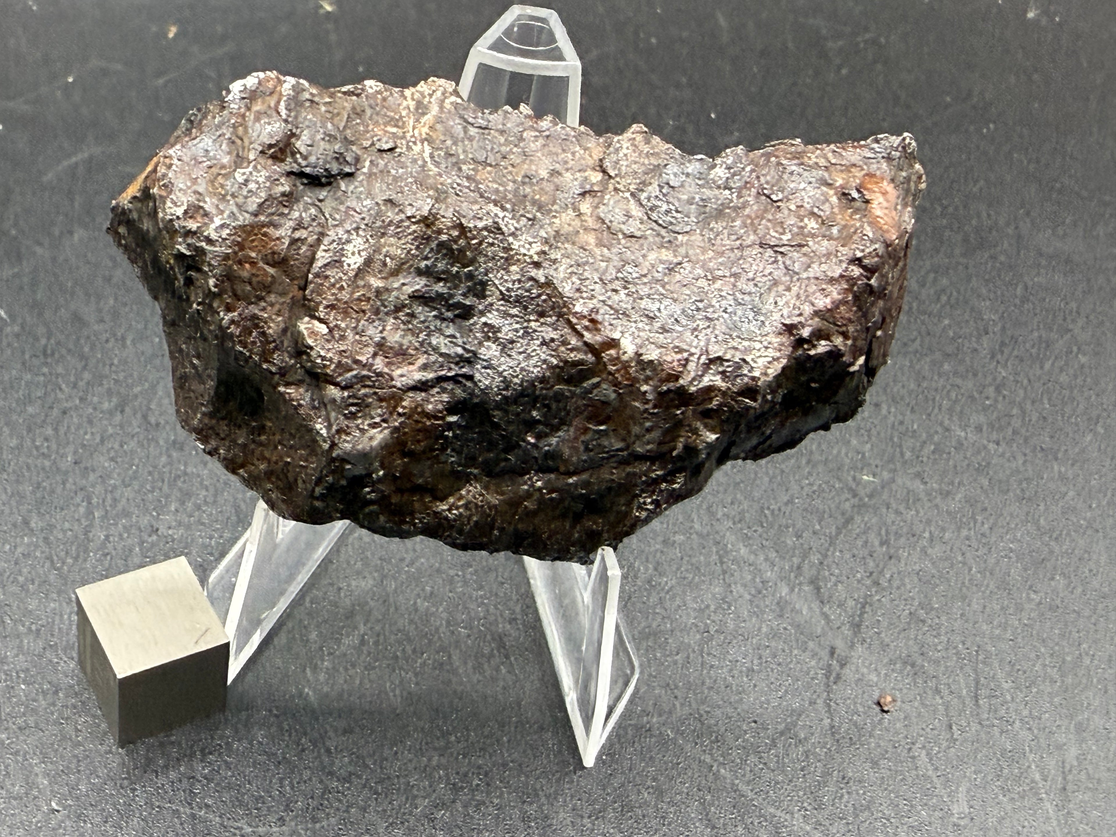 Kaalijarv iron meteorite, IAB-MG, 127.37 g end cut, natural weathered exterior of the back side, standing upright