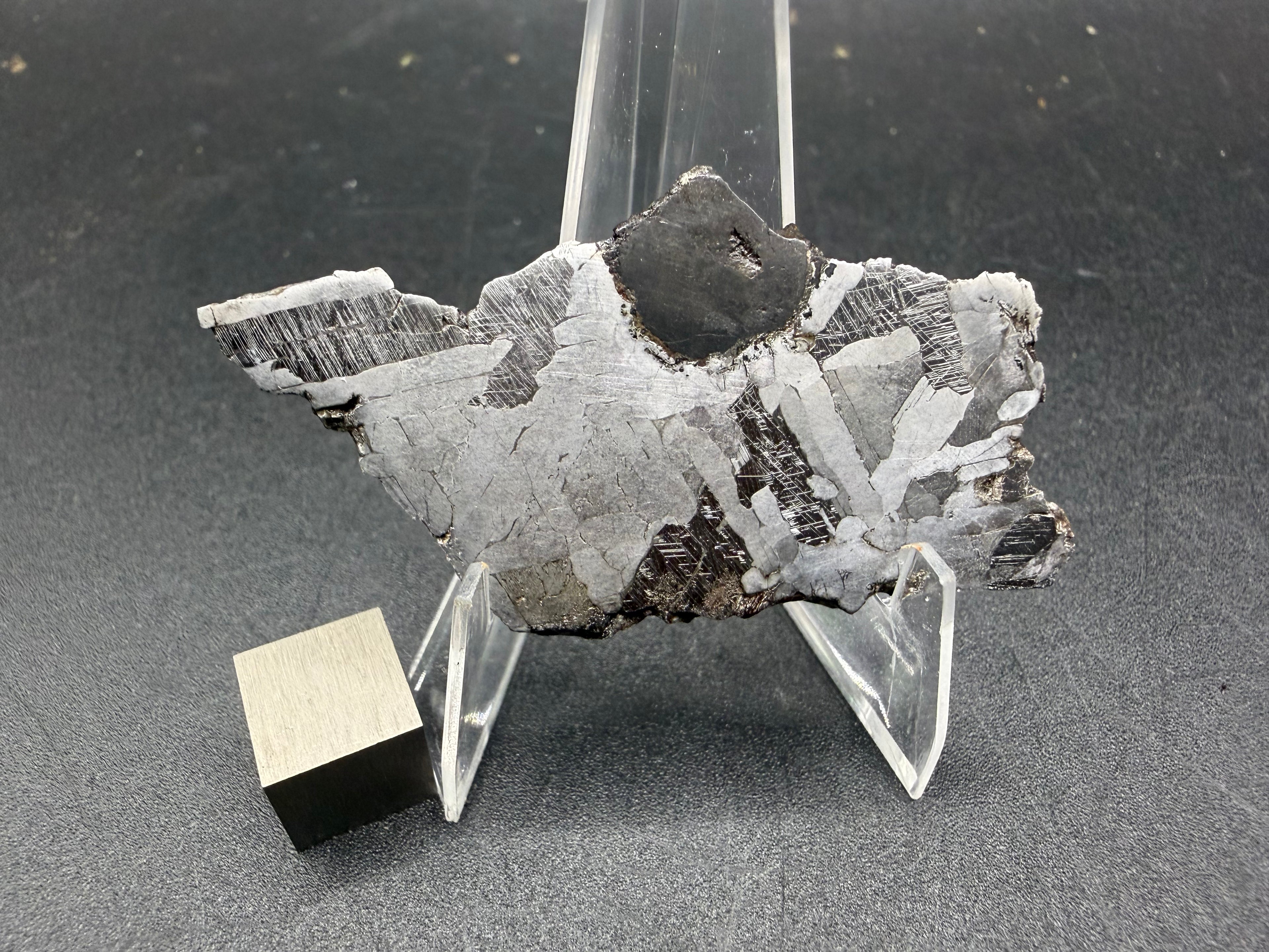 Kaalijarv iron meteorite, IAB-MG, 15.78 g etched slice standing upright, with a rounded dark inclusion at the top edge and Neumann bands across the darker metal