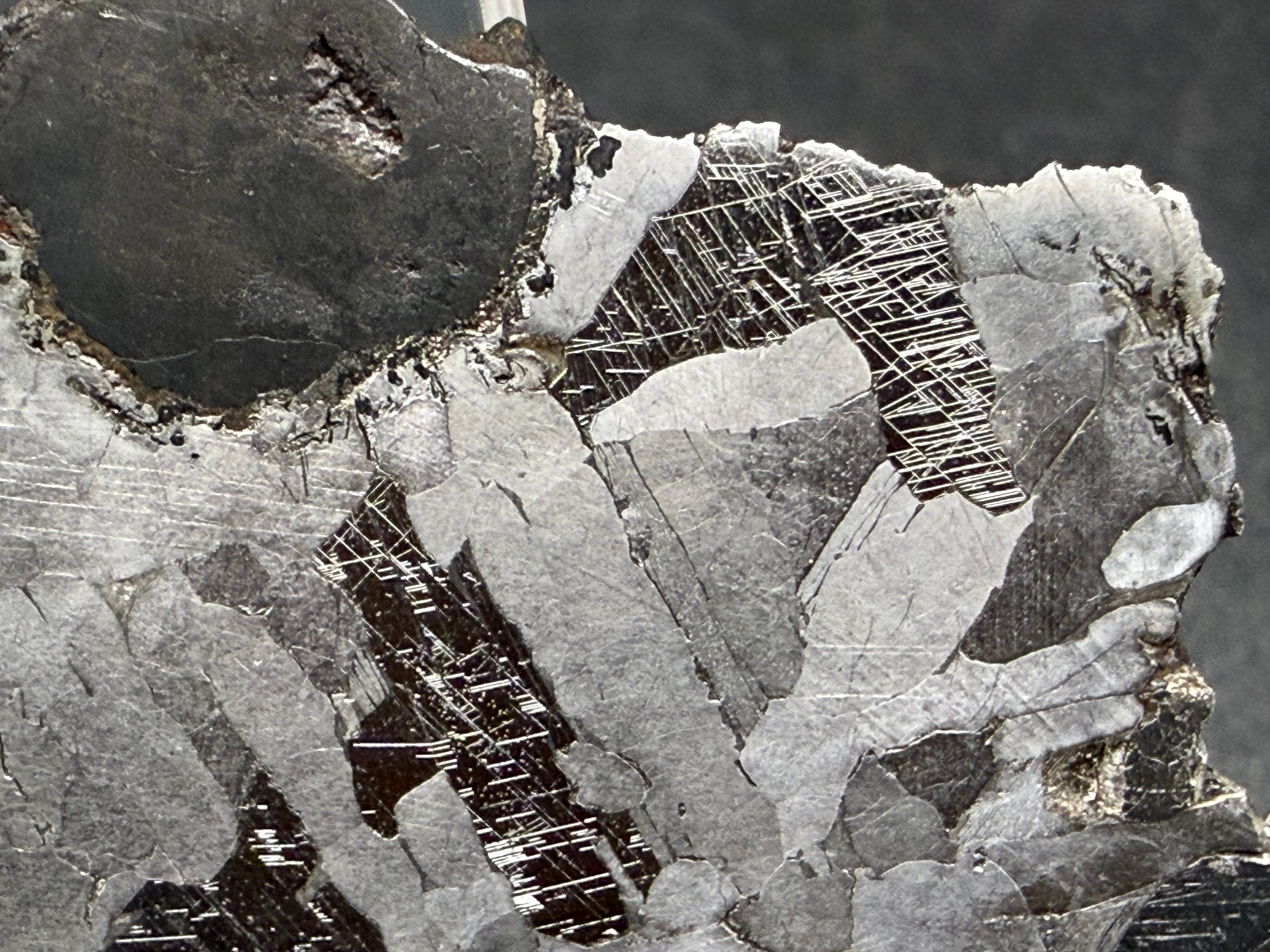 Kaalijarv iron meteorite, IAB-MG, 15.78 g slice, close-up of the rounded dark inclusion and the surrounding etched metal, with Neumann bands crossing the darker zones