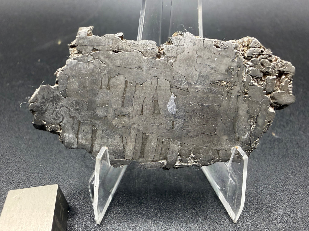 Kaalijarv iron meteorite, IAB-MG, 21.42 g slice on a clear acrylic stand with a scale cube, reverse etched face showing the Widmanstatten pattern and weathered edges