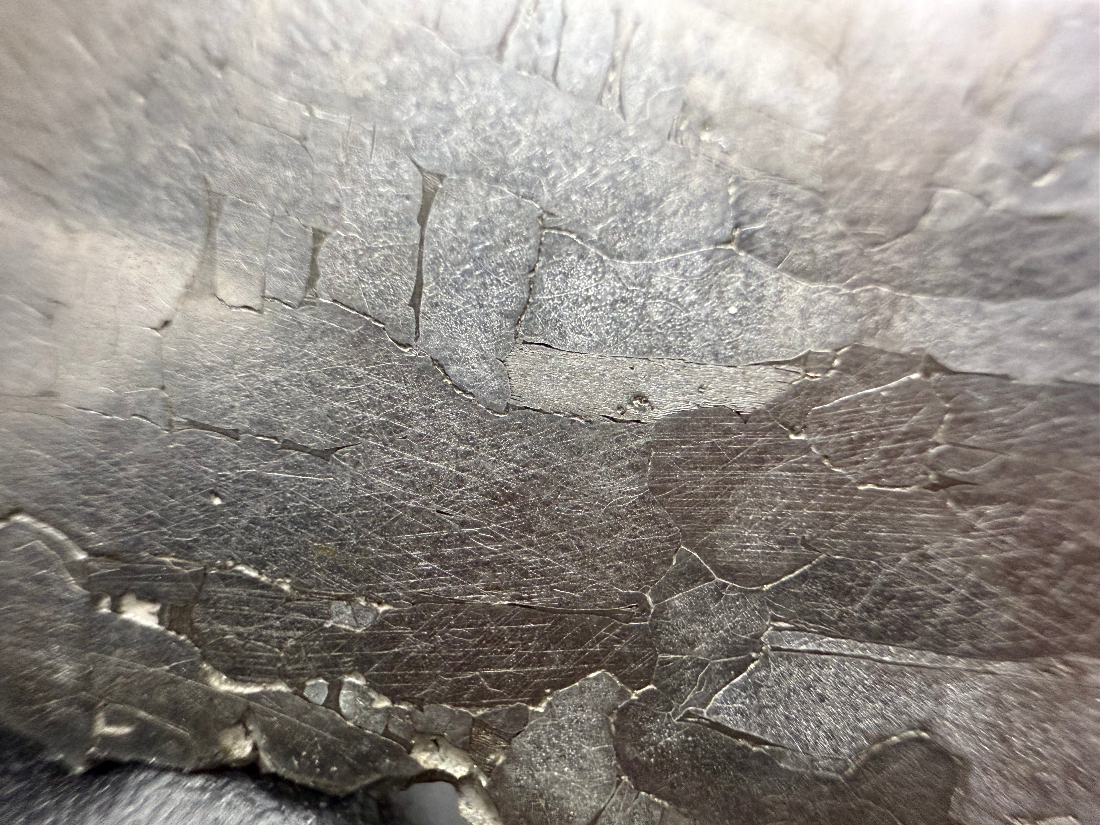 Kaalijarv iron meteorite, IAB-MG, 21.42 g slice, close-up of the etched face near the edge showing interlocking metal grains of the Widmanstatten pattern
