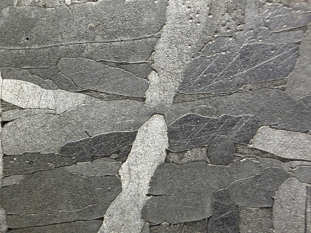 Kaalijarv iron meteorite, IAB-MG, 22.00 g slice, close-up of two bright kamacite plates crossing among gray kamacite grains