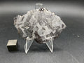 Kaalijarv iron meteorite, IAB-MG, 33.88 g slice standing upright, full etched face with interlocking lighter kamacite plates and darker zones crossed by Neumann bands