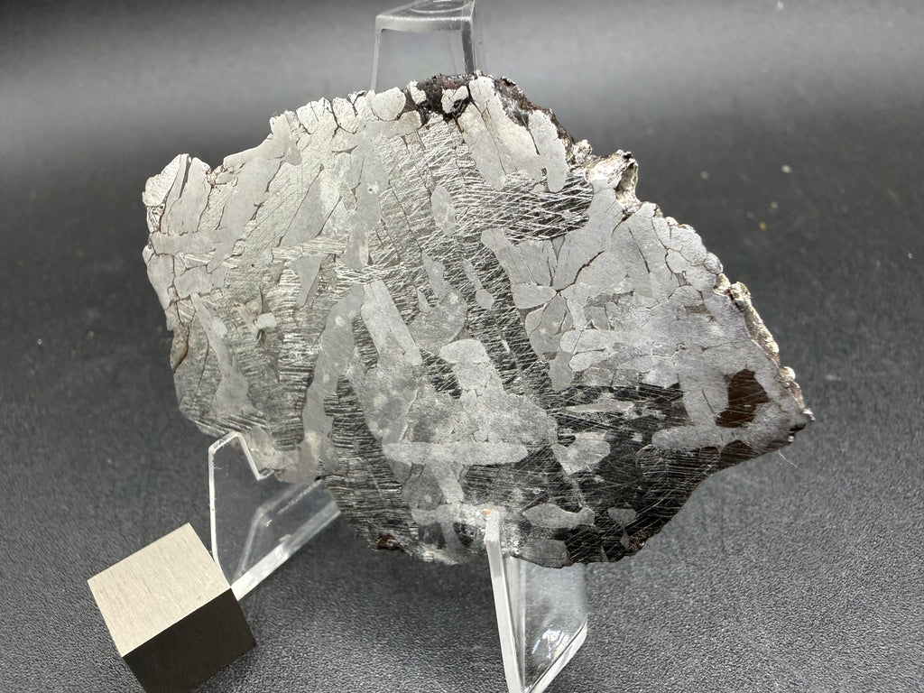 Kaalijarv iron meteorite, IAB-MG, 33.88 g slice standing upright, etched face under bright light showing lighter kamacite plates and Neumann bands across the darker zones