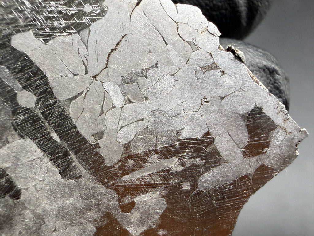 Kaalijarv iron meteorite, IAB-MG, 33.88 g slice, close-up of a broad area of lighter kamacite crystals with irregular outlines, bordered by darker zones with Neumann bands