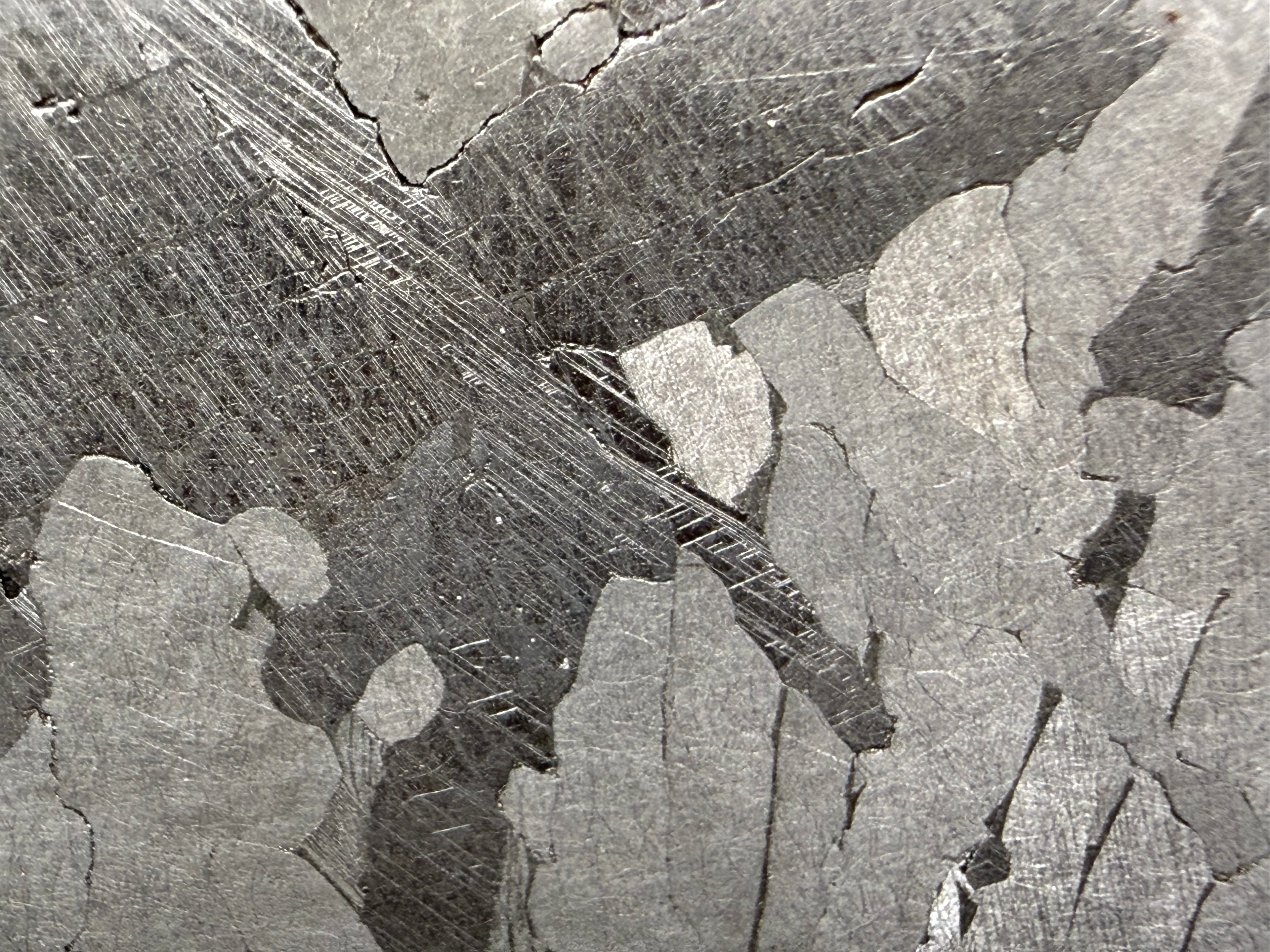Kaalijarv iron meteorite, IAB-MG, 39.28 g slice, close-up of a dark zone crossed by dense intersecting Neumann bands, bordered by lighter kamacite crystals