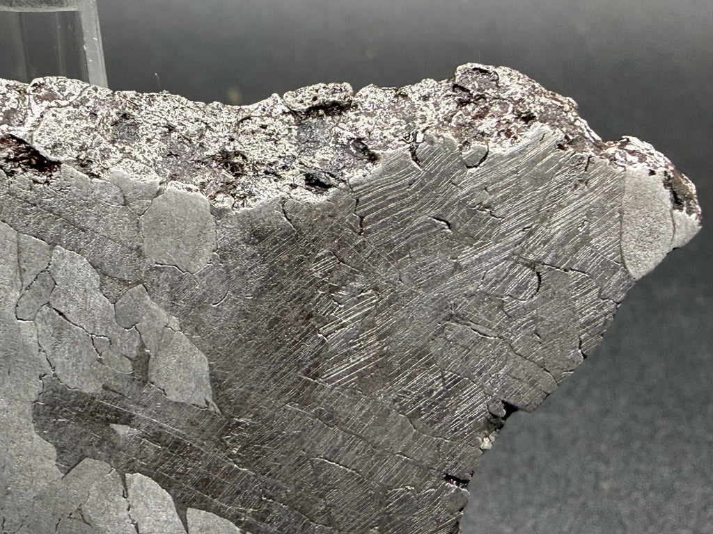Kaalijarv iron meteorite, IAB-MG, 39.28 g slice, close-up of the weathered outer edge above a broad zone densely covered with fine Neumann bands