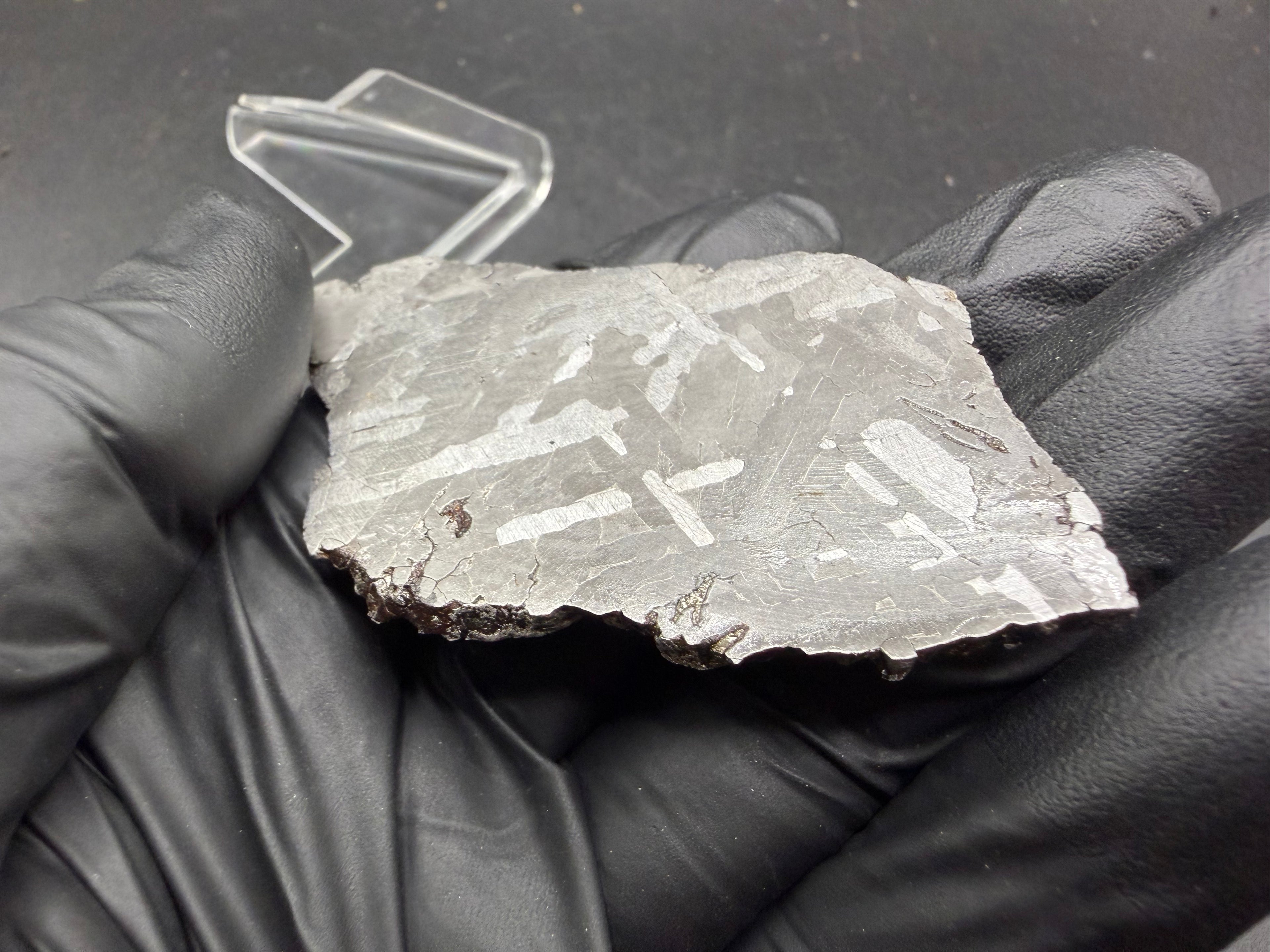Kaalijarv iron meteorite, IAB-MG, 39.28 g slice held in a gloved hand, bright face showing crossing kamacite plates at angles