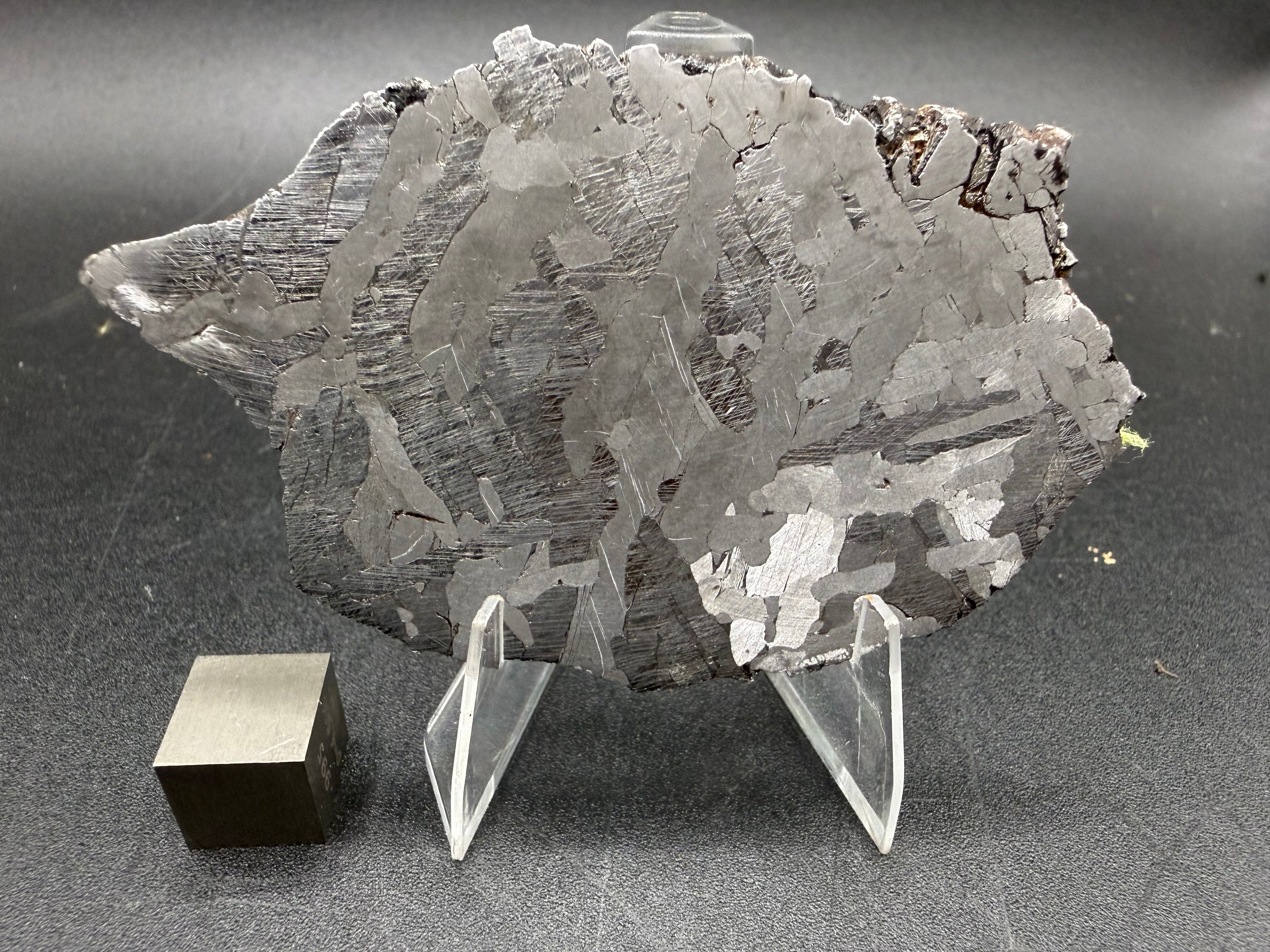Kaalijarv iron meteorite, IAB-MG, 40.40 g slice standing upright, full view of the etched face with lighter crystal zones, darker zones crossed by Neumann bands, and weathered metal along the upper right edge
