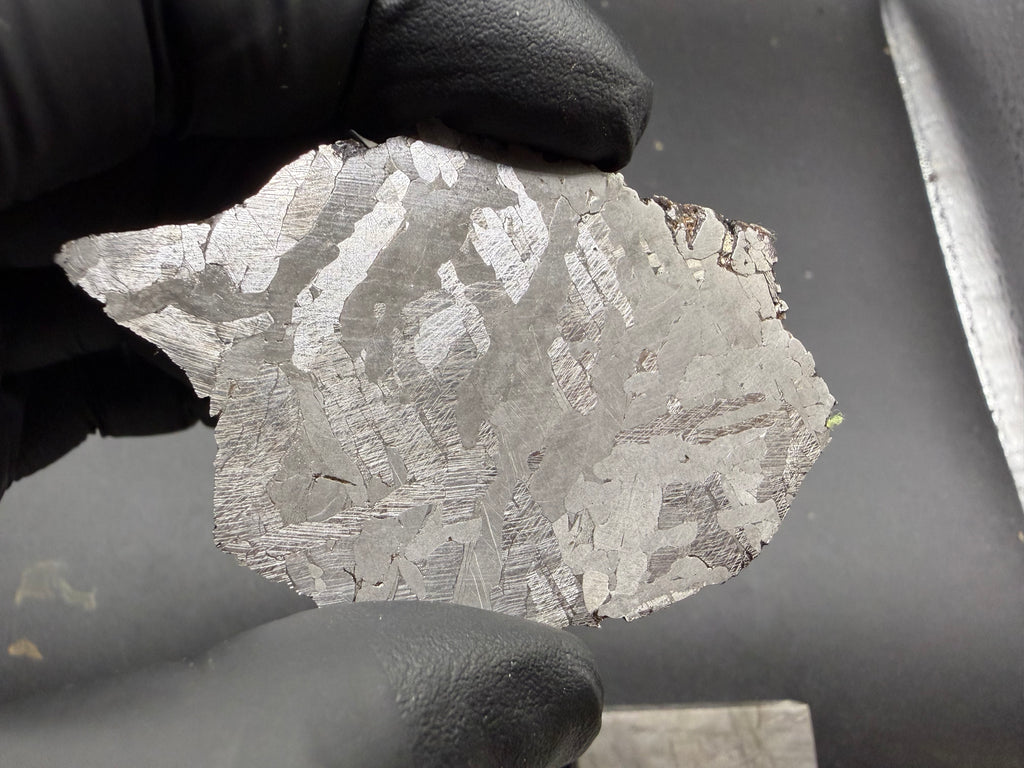Kaalijarv iron meteorite, IAB-MG, 40.40 g slice held in a gloved hand, etched face under bright light showing lighter crystal zones and fine Neumann bands