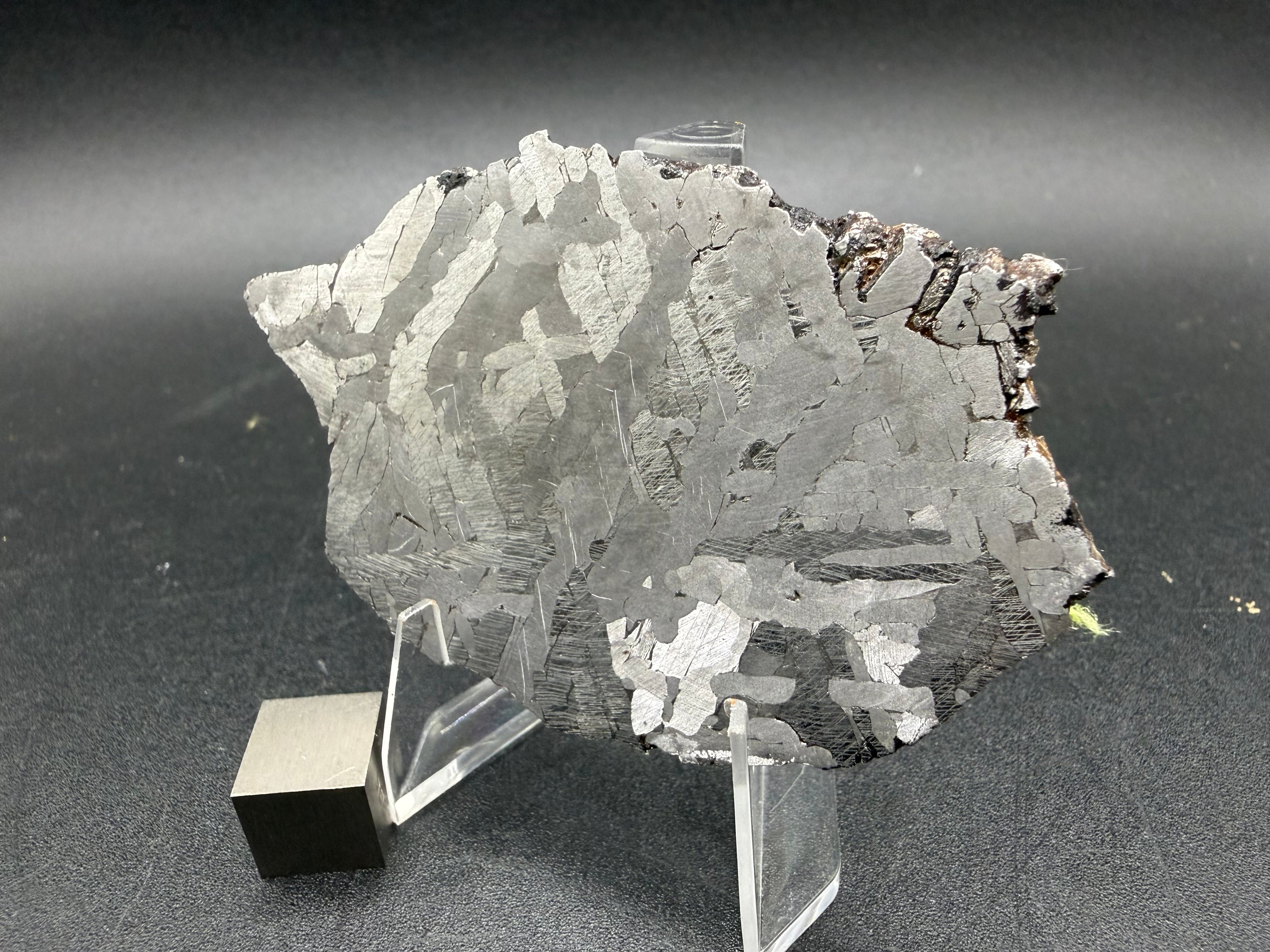 Kaalijarv iron meteorite, IAB-MG, 40.40 g slice standing upright, etched face seen at an angle with weathered metal along the upper right edge
