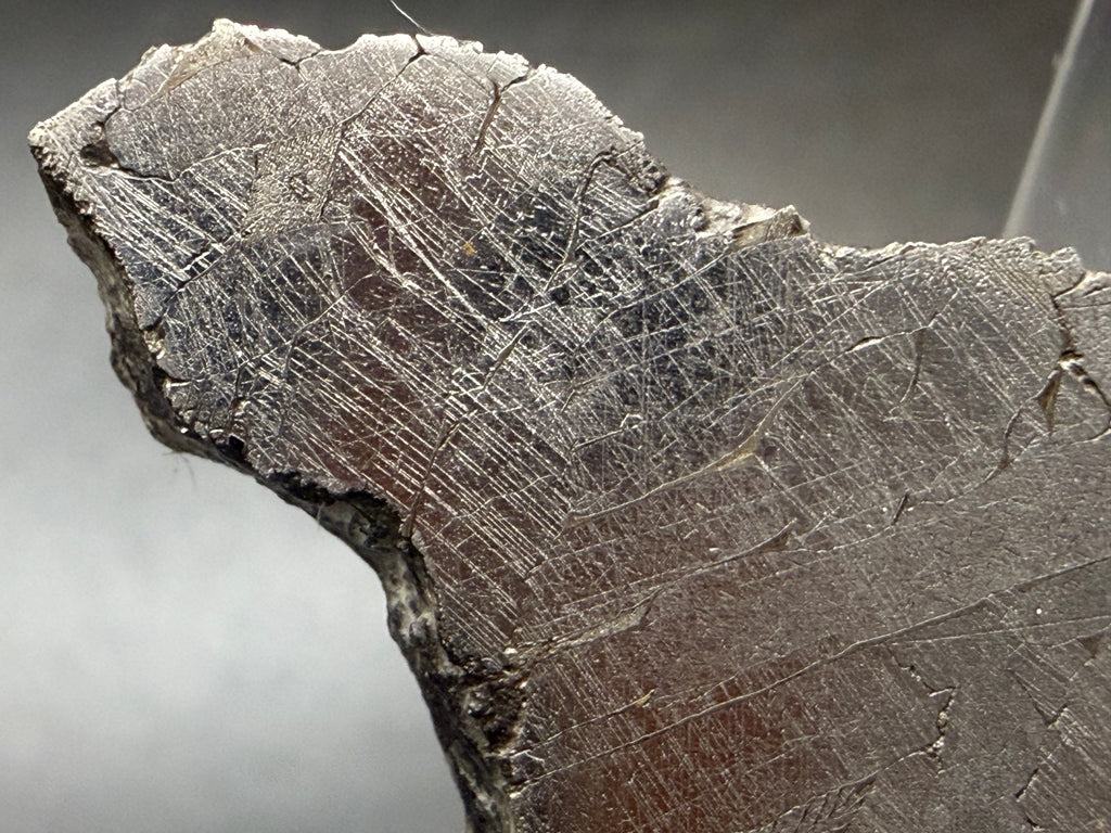 Close-up of Neumann bands in Kaalijärv iron meteorite kamacite crystals, left section