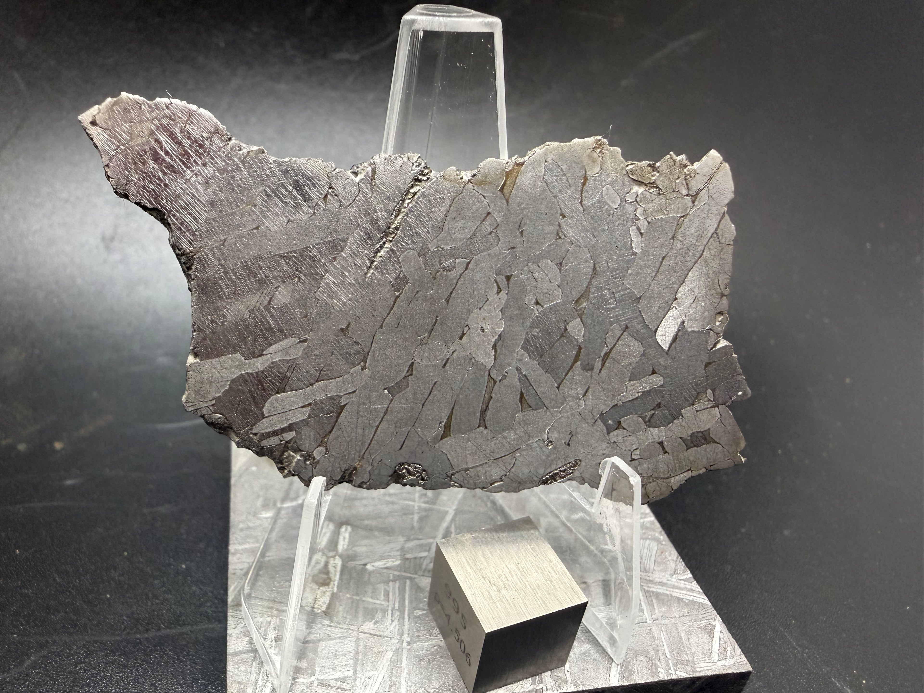 Kaalijärv IAB-MG iron meteorite slice 28.56g on acrylic display stand, full specimen view