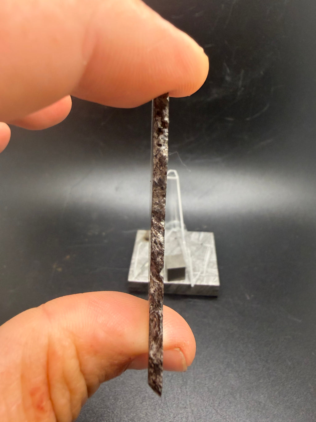Kaalijärv iron meteorite slice 28.56g shown with scale reference and edge profile